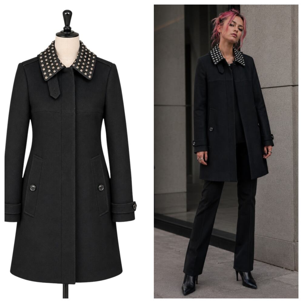 Burberry Brit Black Wool Cashmere Studded Collar Coat Size 6
